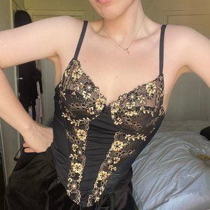 VINTAGE 80s Black Gold Bustier Bra Garters Floral